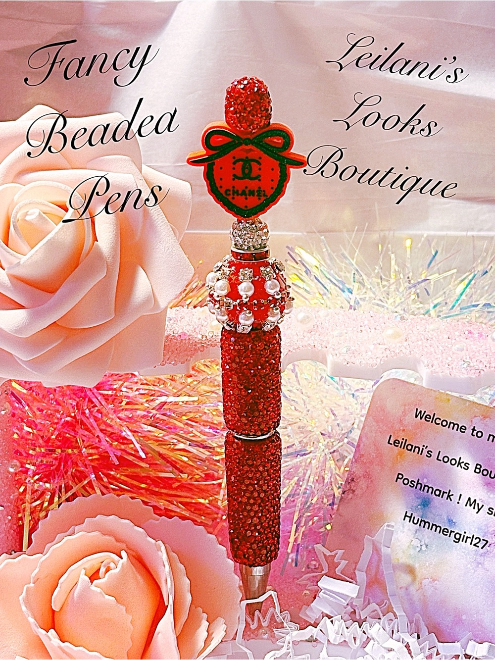 Red Beaded Heart Charm Ballpoint Pen/
 Fancy beaded Pen/gifts